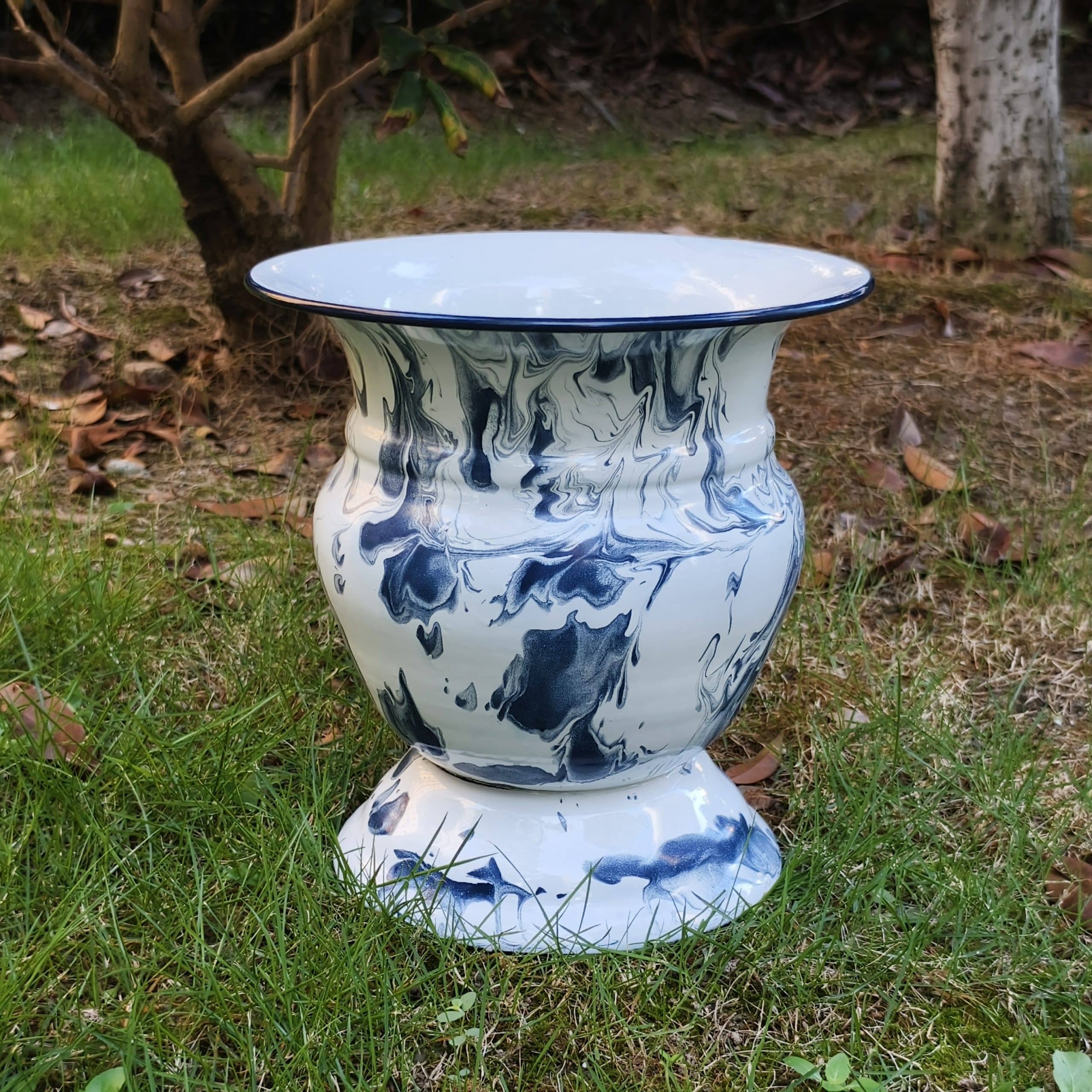 Enamelware Collection | Enamel Flower Pot - Blue Ink Painting