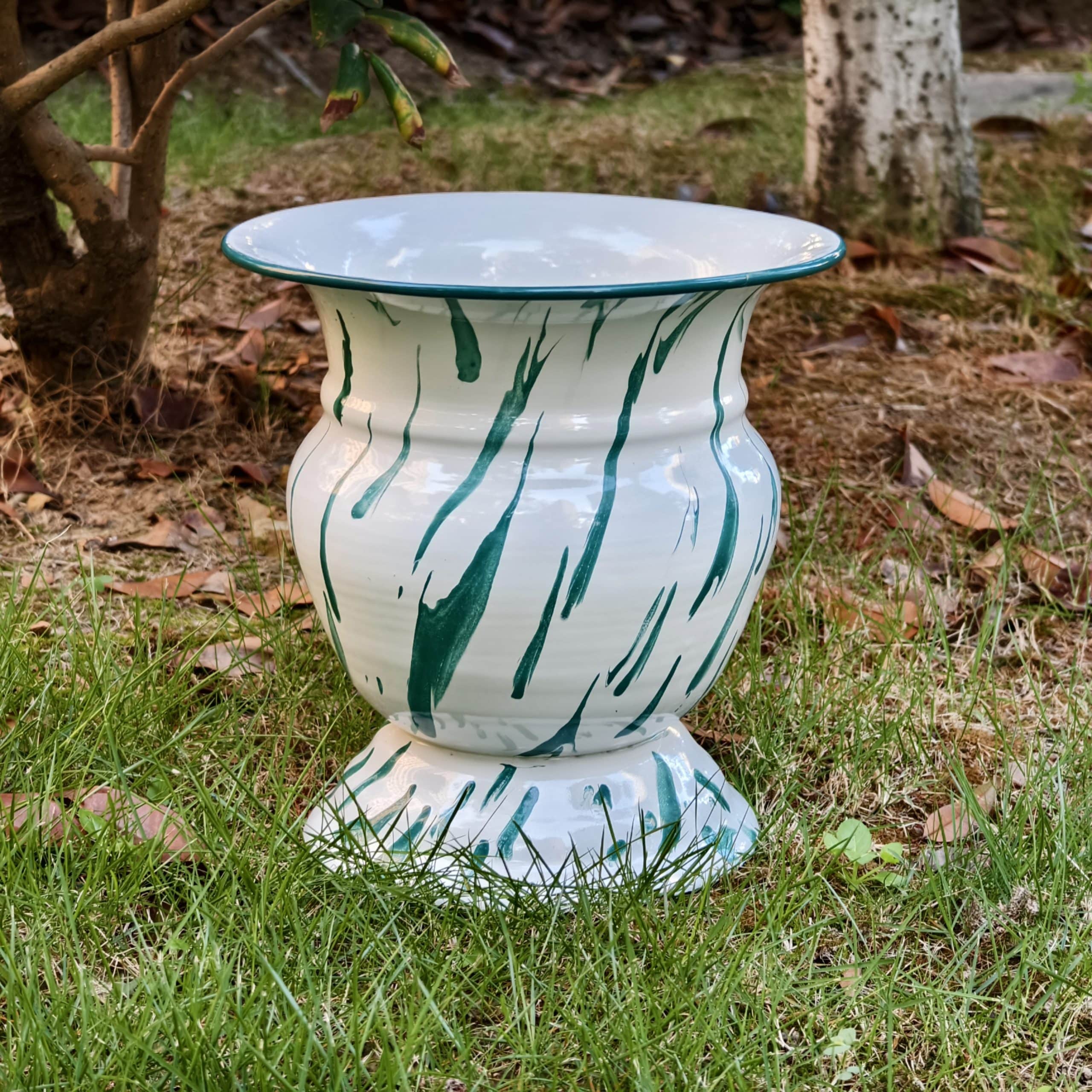 Enamelware Collection | Enamel Flower Pot - Green Marbling